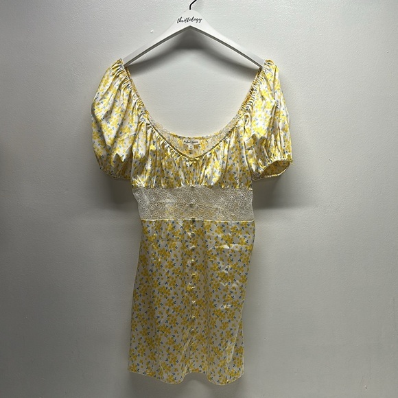 For Love & Lemons Dress Daffodil Floral Sheer Puff Sleeve Lace Mini Size Small - Picture 6 of 11